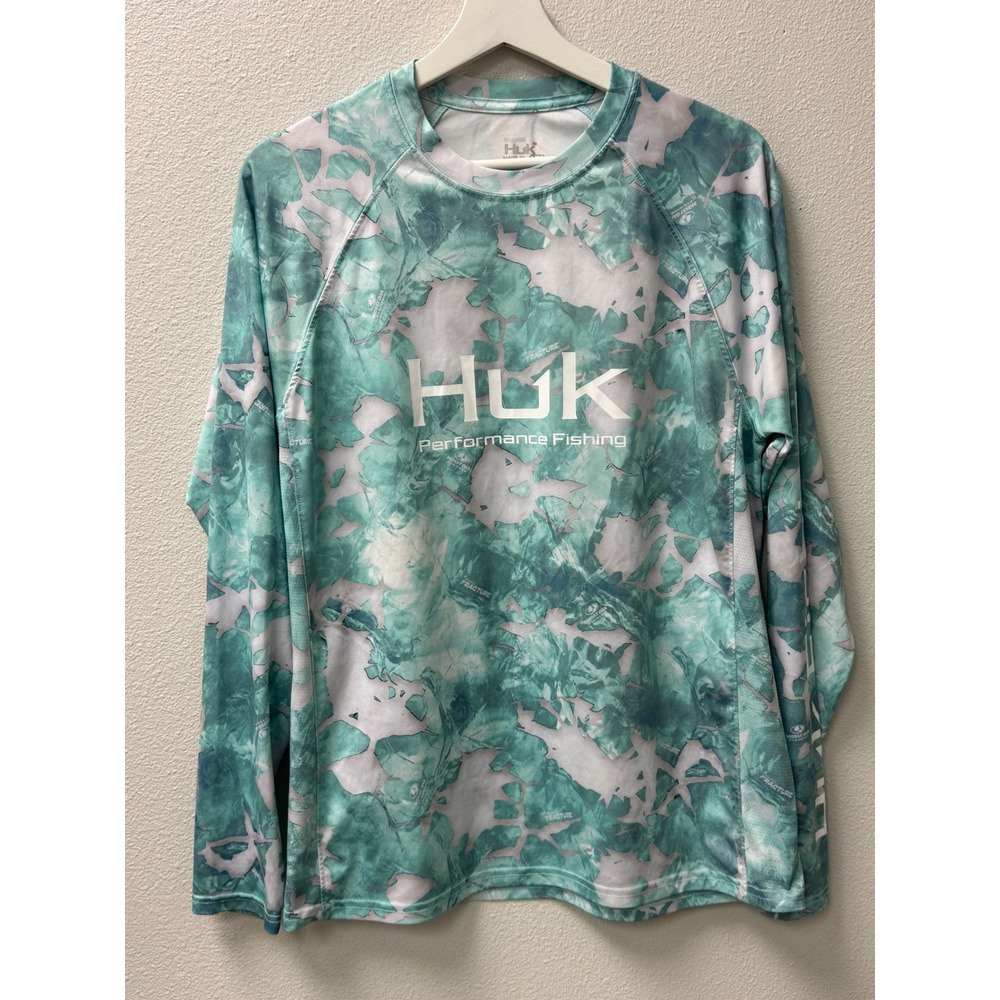 HUK Performance Fishing Long Sleeve Shirt Mossy Oak Fracture Green Camo M